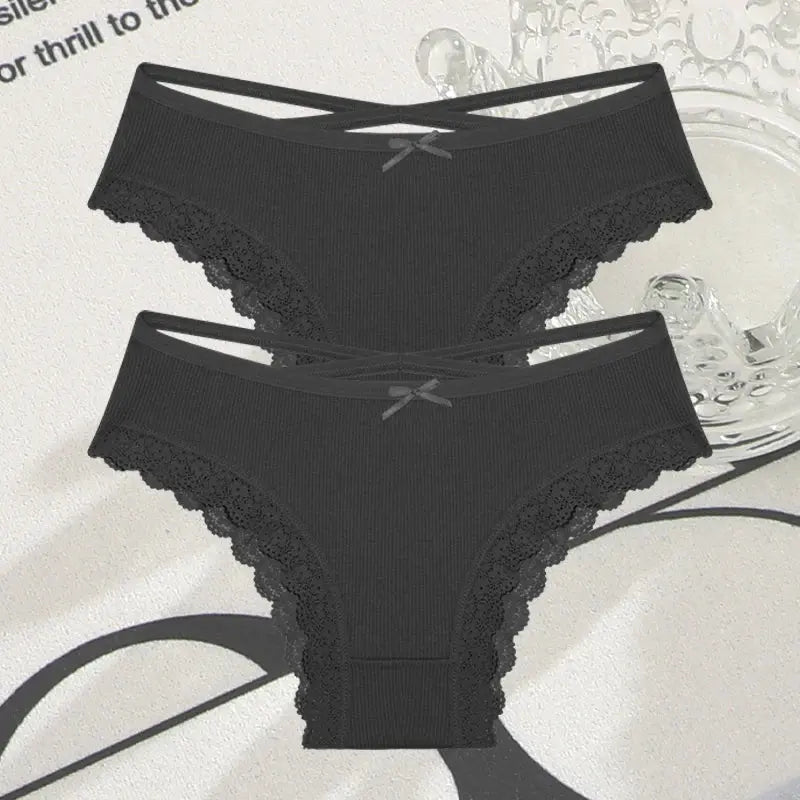 2PCS Cotton Panties for Women Sexy Lace Brazilian Briefs Female Low-Waist Cross Webbing Underpants Stretch Breathable Intimates luxecrown.co.uk