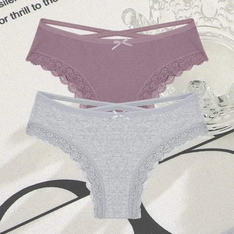2PCS Cotton Panties for Women Sexy Lace Brazilian Briefs Female Low-Waist Cross Webbing Underpants Stretch Breathable Intimates luxecrown.co.uk