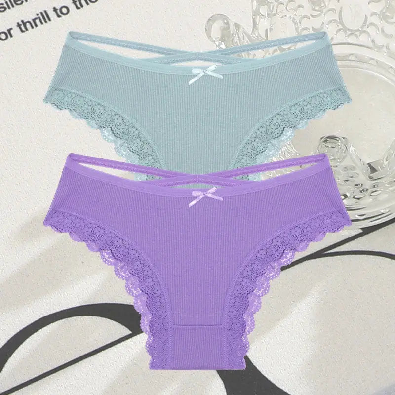 2PCS Cotton Panties for Women Sexy Lace Brazilian Briefs Female Low-Waist Cross Webbing Underpants Stretch Breathable Intimates luxecrown.co.uk