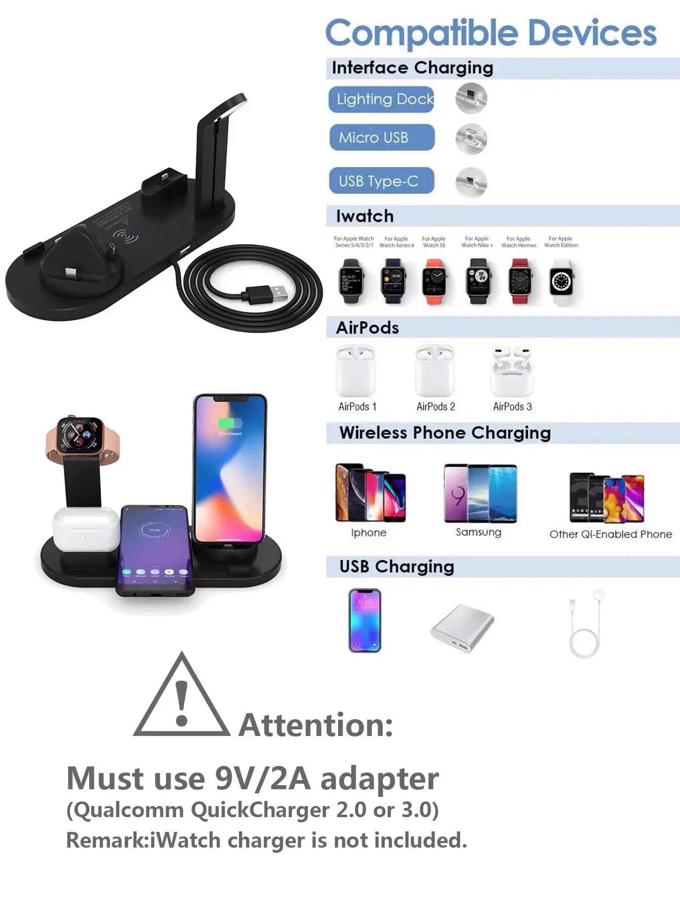 30W 6 in 1 Wireless Charger Stand Pad For iPhone 15 14 13 12 X Apple Watch Fast Charging Dock Station for Airpods Pro iWatch 7 Streetsharks