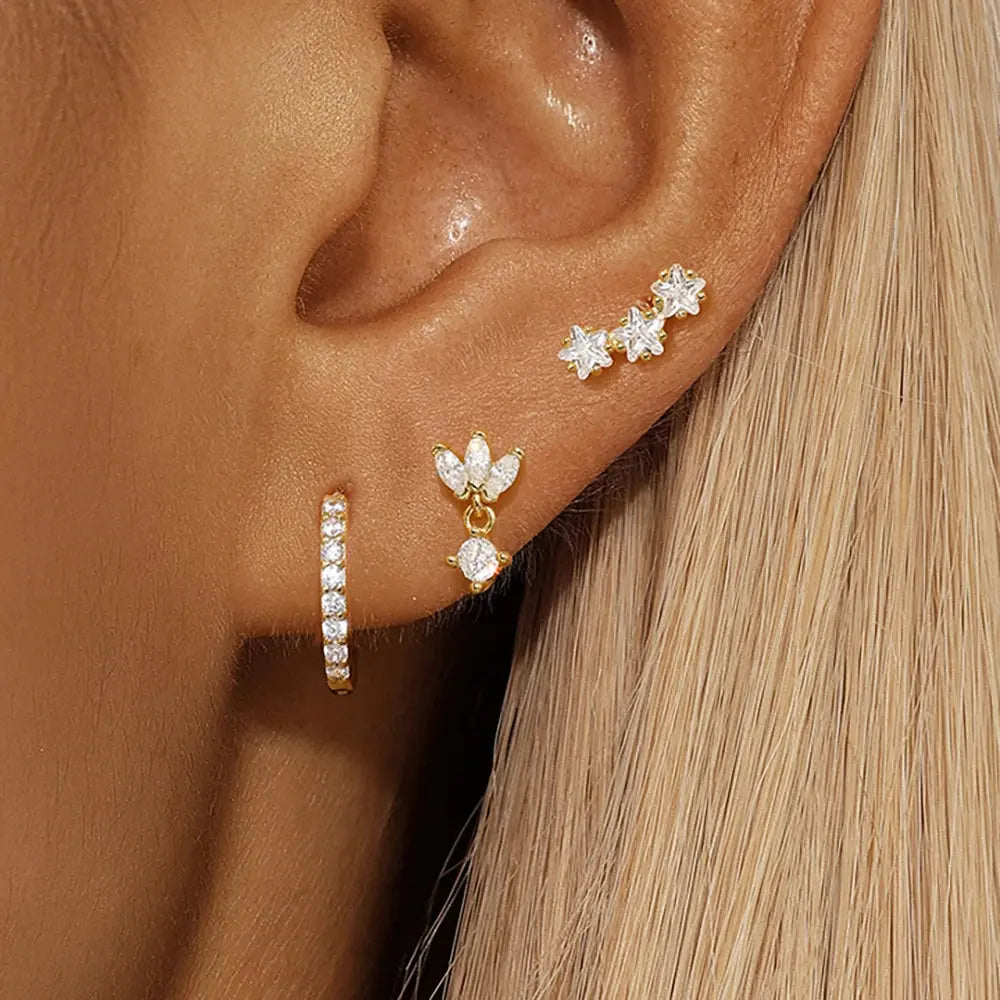 3PCS Luxury Star Pendant Piercing Earrings Set For Women Stainless Steel Zircon Punk Ear Studs Earring Lady Jewelry aretes Streetsharks