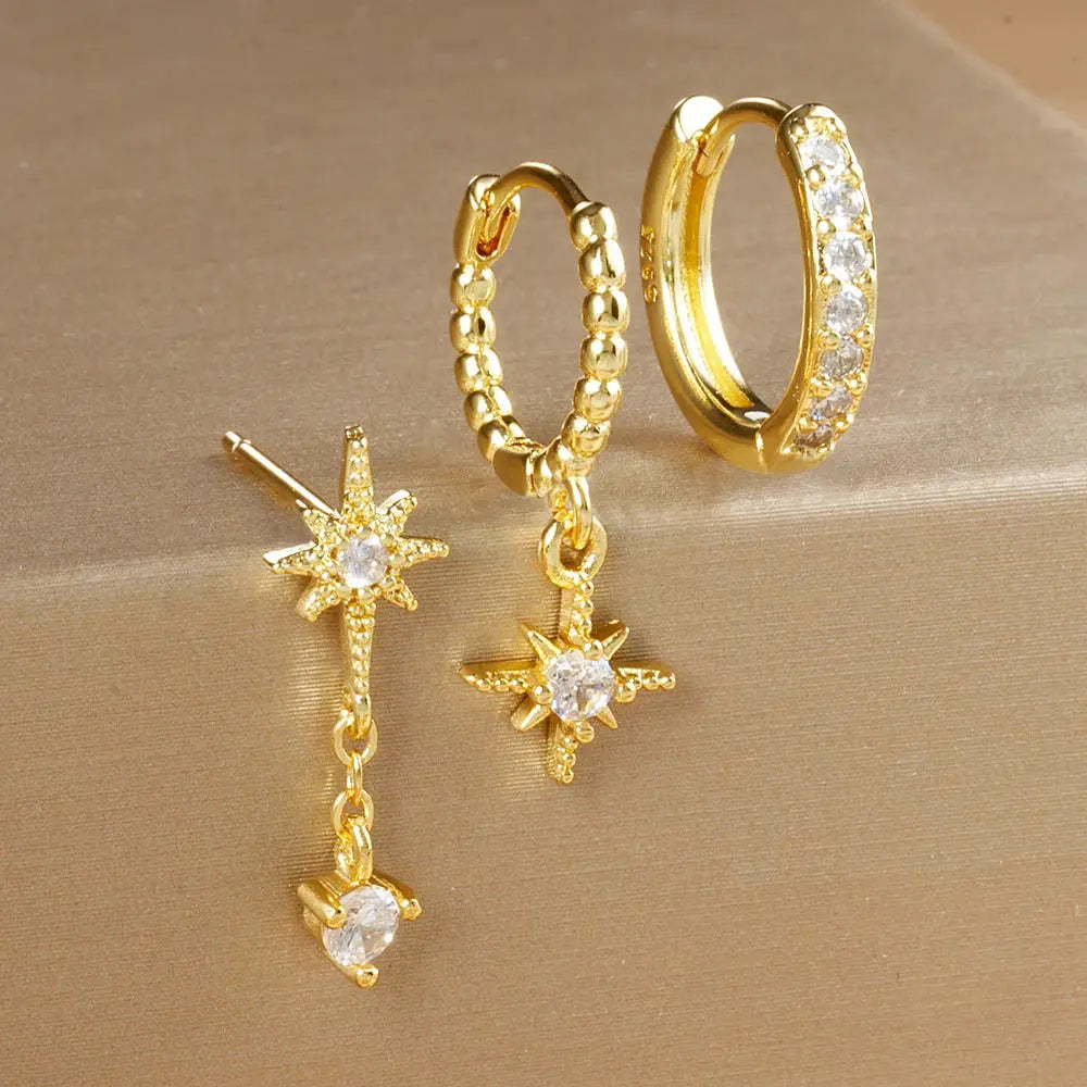 3PCS Luxury Star Pendant Piercing Earrings Set For Women Stainless Steel Zircon Punk Ear Studs Earring Lady Jewelry aretes Streetsharks