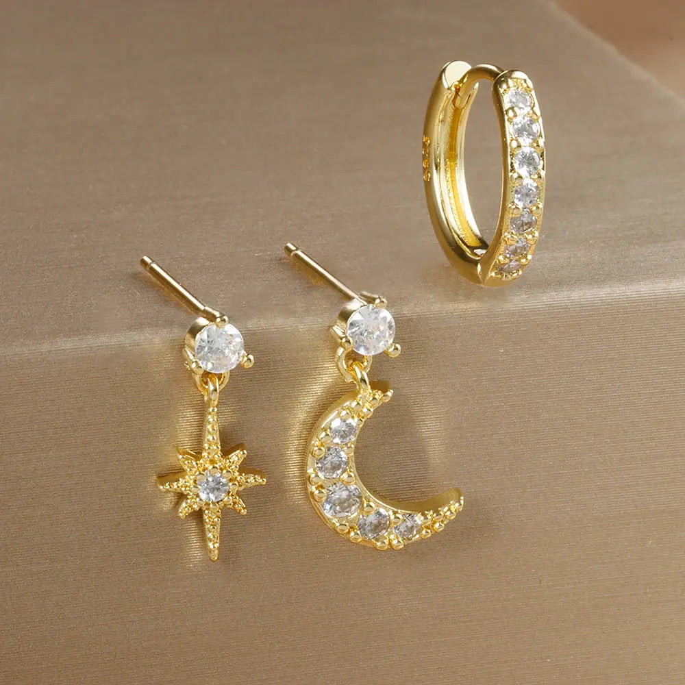 3PCS Luxury Star Pendant Piercing Earrings Set For Women Stainless Steel Zircon Punk Ear Studs Earring Lady Jewelry aretes Streetsharks
