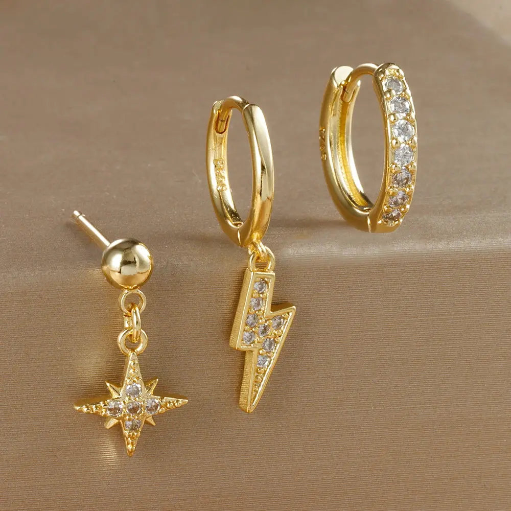 3PCS Luxury Star Pendant Piercing Earrings Set For Women Stainless Steel Zircon Punk Ear Studs Earring Lady Jewelry aretes Streetsharks