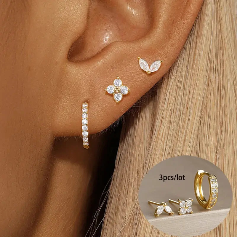 3PCS Stainless Steel Gold Color Circle Hoop Earrings Set for Women Simple Zircon Flower Stud Earring Cartilage Piercing Jewelry Streetsharks