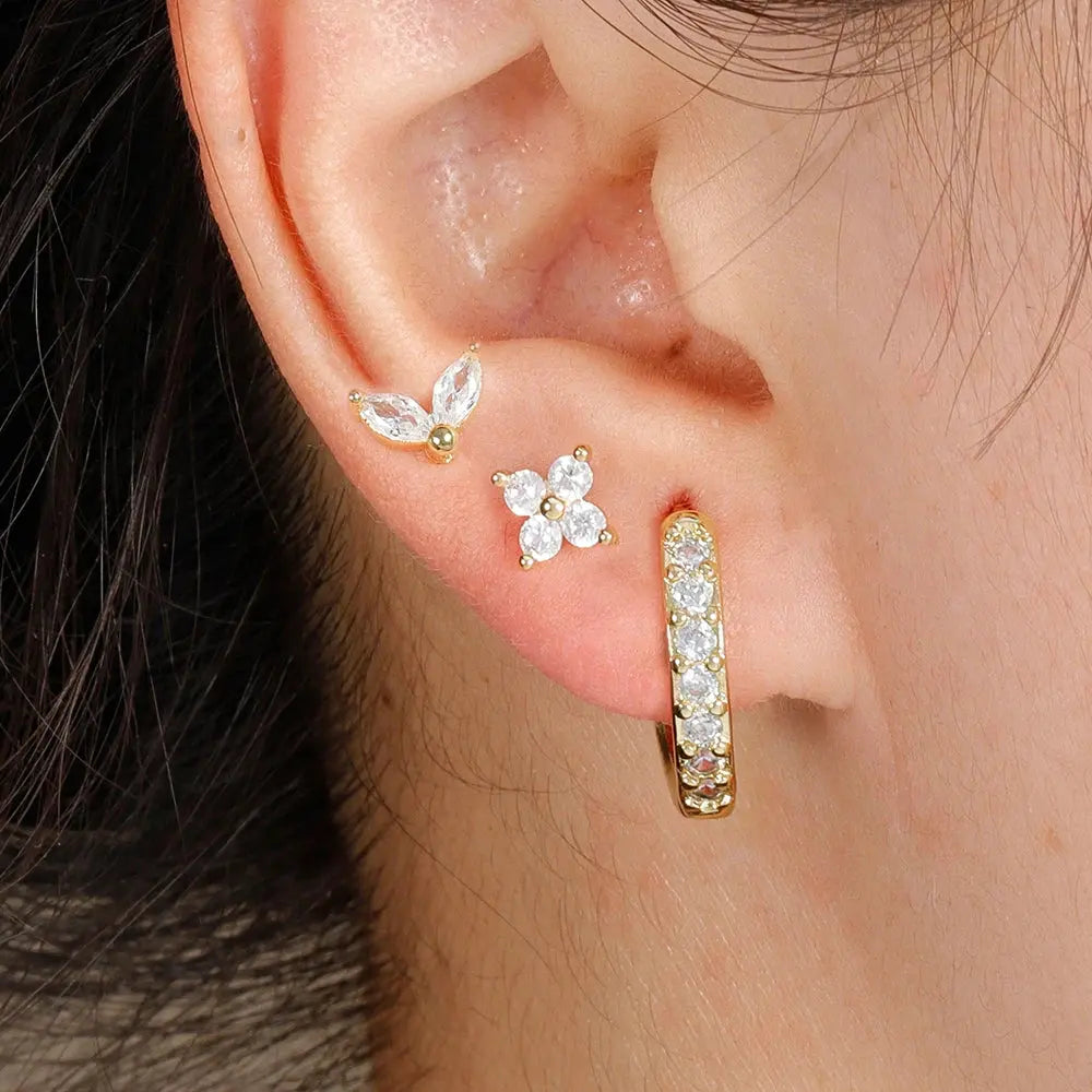 3PCS Stainless Steel Gold Color Circle Hoop Earrings Set for Women Simple Zircon Flower Stud Earring Cartilage Piercing Jewelry Streetsharks
