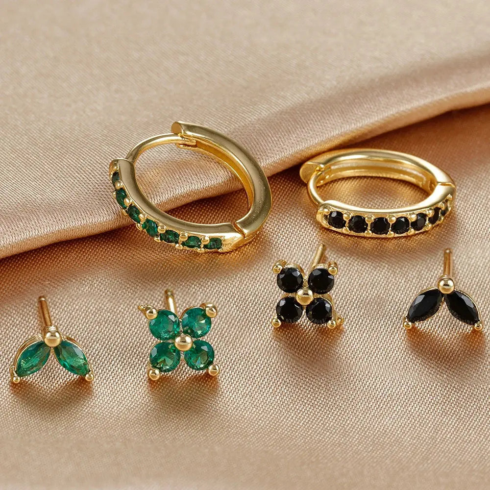 3PCS Stainless Steel Gold Color Circle Hoop Earrings Set for Women Simple Zircon Flower Stud Earring Cartilage Piercing Jewelry Streetsharks