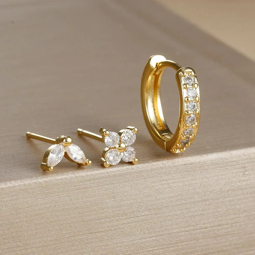 3PCS Stainless Steel Gold Color Circle Hoop Earrings Set for Women Simple Zircon Flower Stud Earring Cartilage Piercing Jewelry Streetsharks
