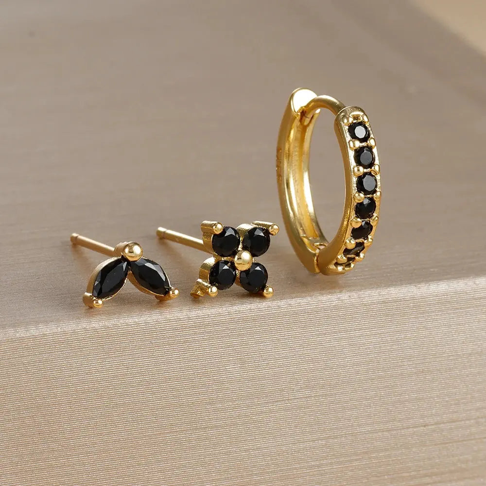 3PCS Stainless Steel Gold Color Circle Hoop Earrings Set for Women Simple Zircon Flower Stud Earring Cartilage Piercing Jewelry Streetsharks