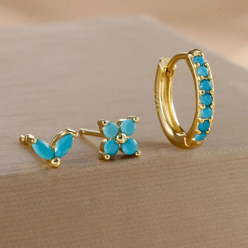 3PCS Stainless Steel Gold Color Circle Hoop Earrings Set for Women Simple Zircon Flower Stud Earring Cartilage Piercing Jewelry Streetsharks