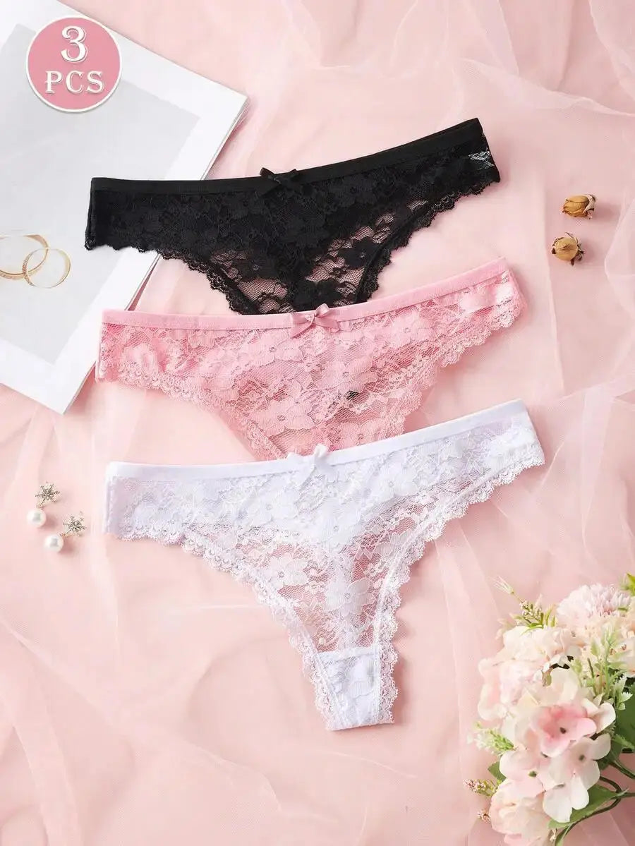3Pcs Sexy Lace Women Thongs Transparent Women Panties Sexy Underwear Solid Floral G-String Size XS-XL Female Underpants Lingerie luxecrown.co.uk