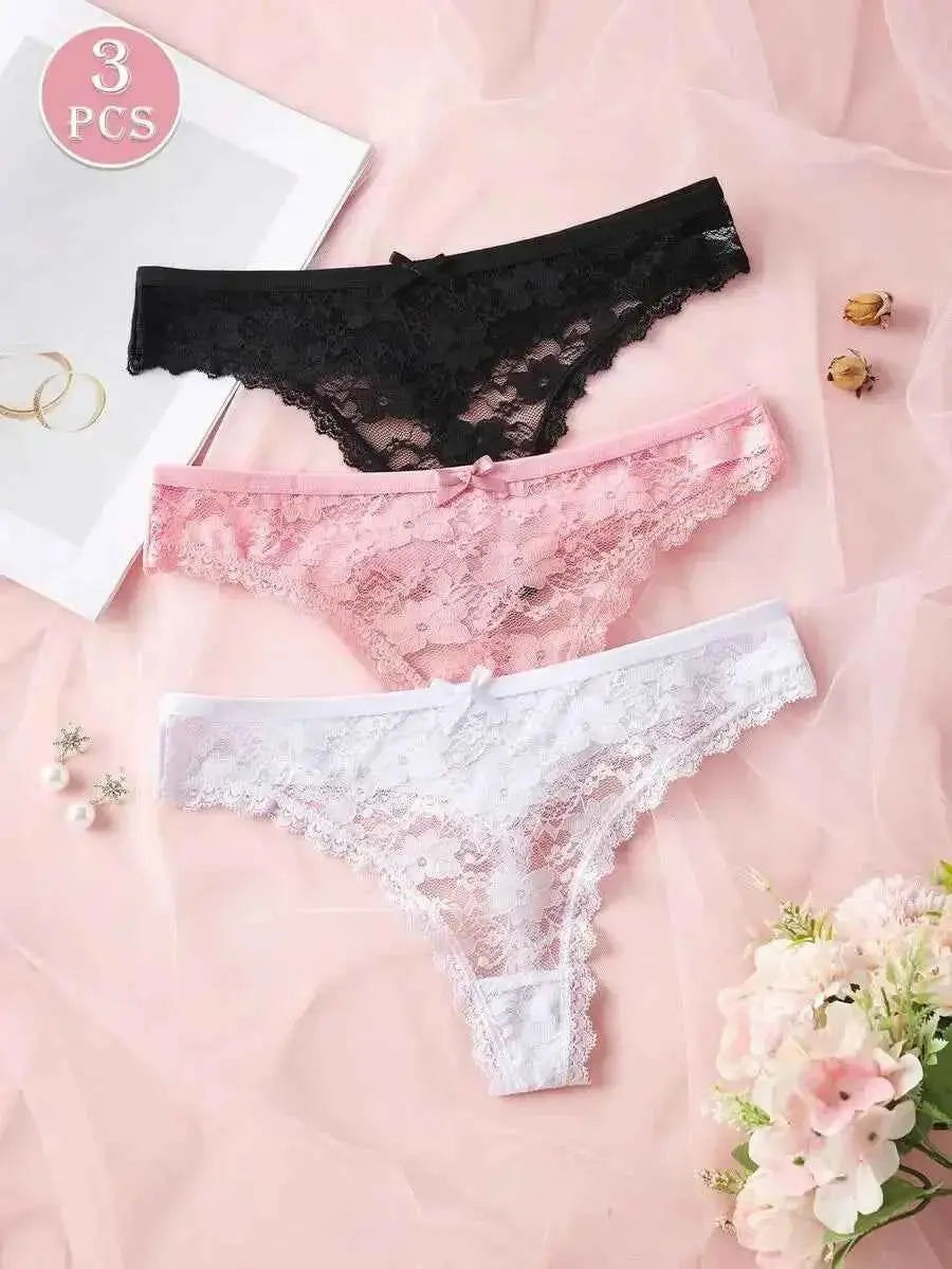 3Pcs Sexy Lace Women Thongs Transparent Women Panties Sexy Underwear Solid Floral G-String Size XS-XL Female Underpants Lingerie