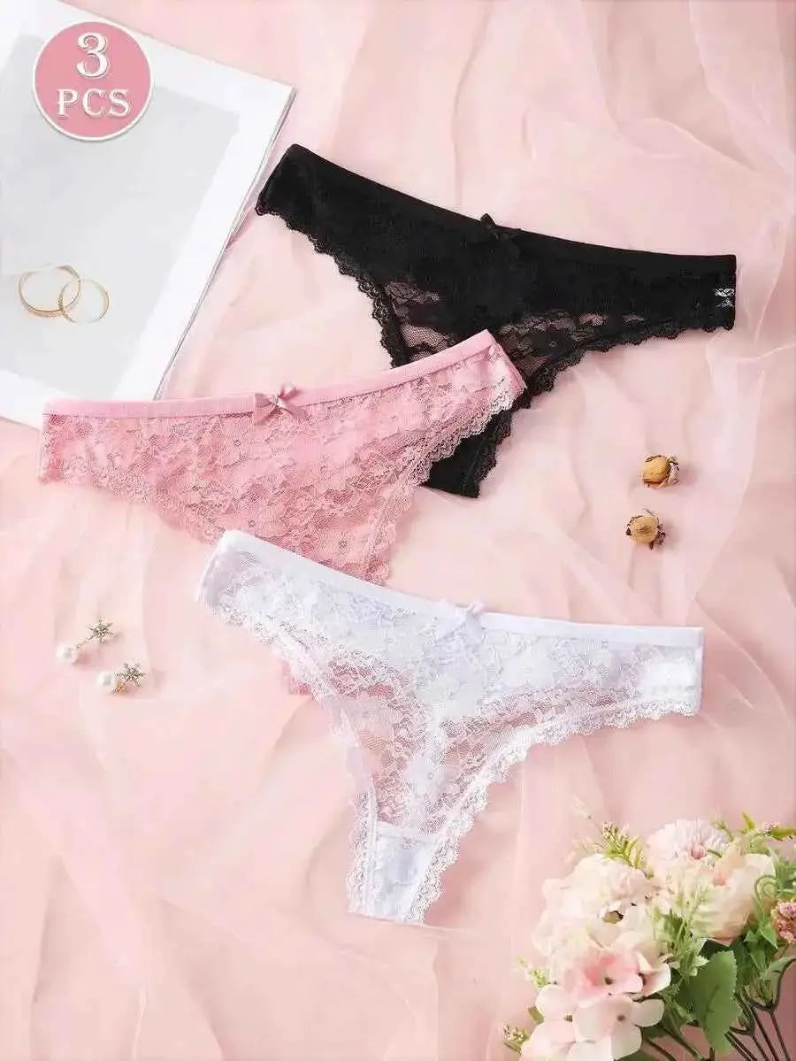 3Pcs Sexy Lace Women Thongs Transparent Women Panties Sexy Underwear Solid Floral G-String Size XS-XL Female Underpants Lingerie