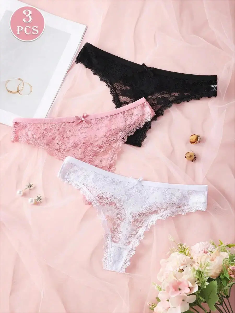 3Pcs Sexy Lace Women Thongs Transparent Women Panties Sexy Underwear Solid Floral G-String Size XS-XL Female Underpants Lingerie luxecrown.co.uk