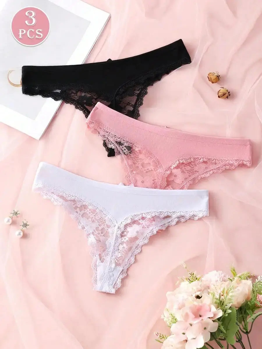 3Pcs Sexy Lace Women Thongs Transparent Women Panties Sexy Underwear Solid Floral G-String Size XS-XL Female Underpants Lingerie luxecrown.co.uk