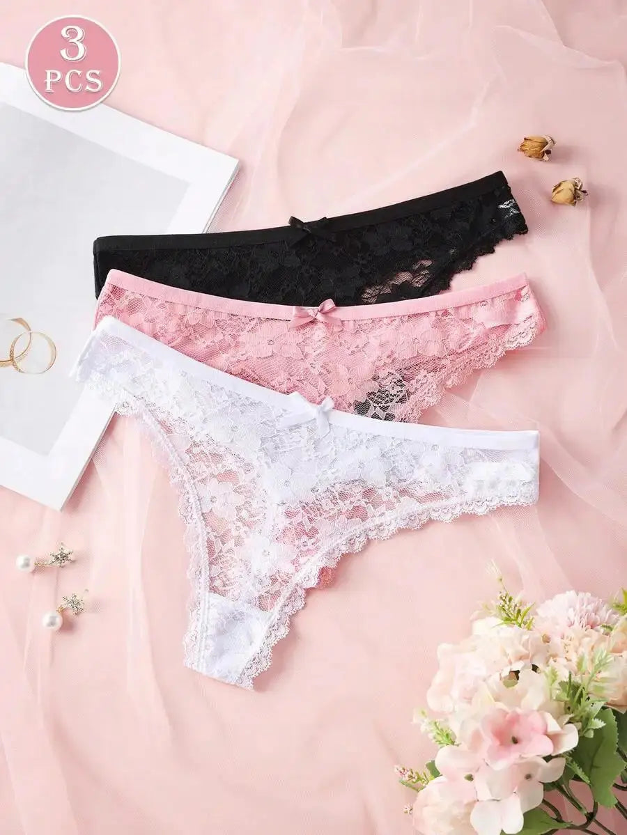 3Pcs Sexy Lace Women Thongs Transparent Women Panties Sexy Underwear Solid Floral G-String Size XS-XL Female Underpants Lingerie luxecrown.co.uk