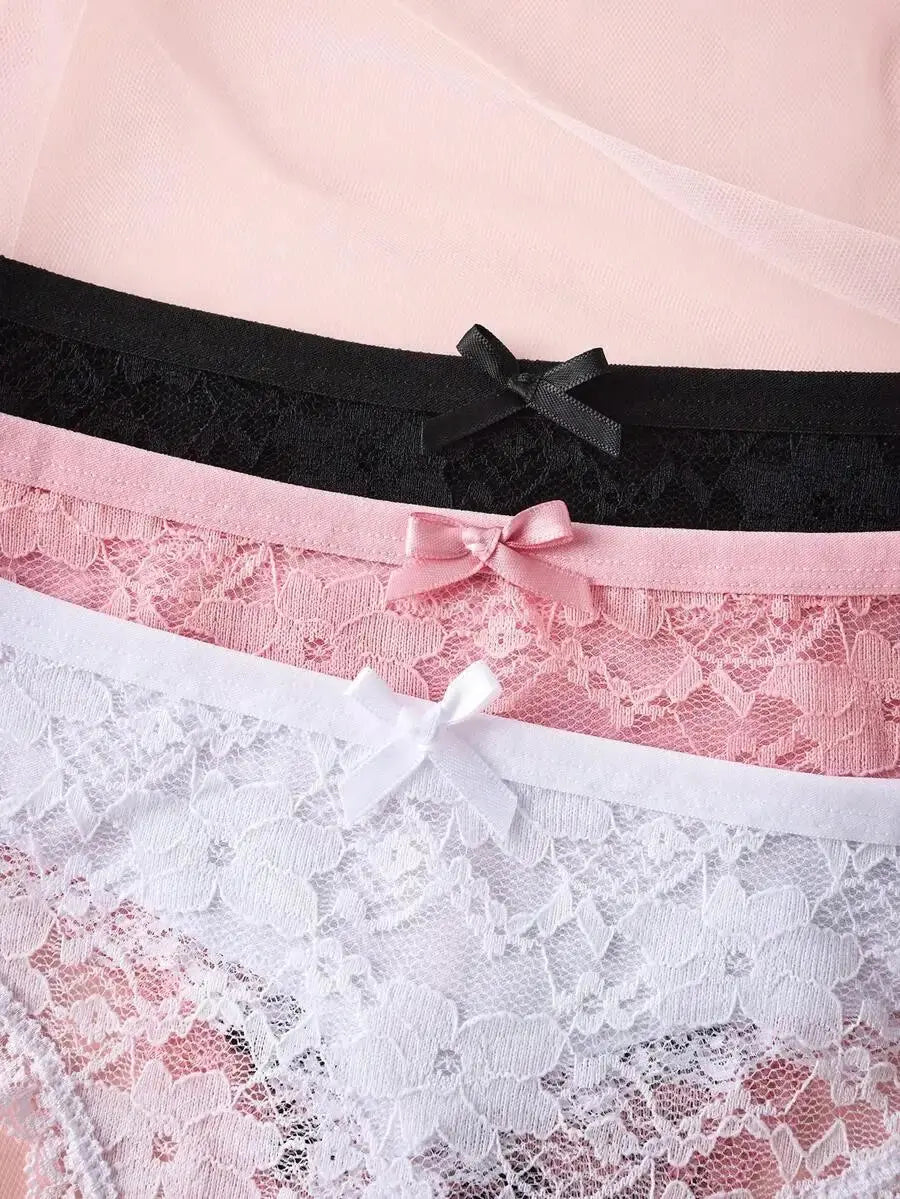 3Pcs Sexy Lace Women Thongs Transparent Women Panties Sexy Underwear Solid Floral G-String Size XS-XL Female Underpants Lingerie luxecrown.co.uk
