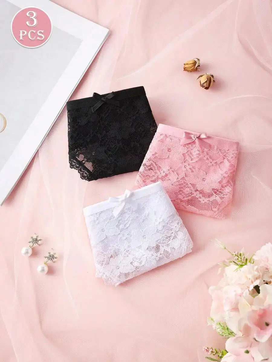 3Pcs Sexy Lace Women Thongs Transparent Women Panties Sexy Underwear Solid Floral G-String Size XS-XL Female Underpants Lingerie luxecrown.co.uk