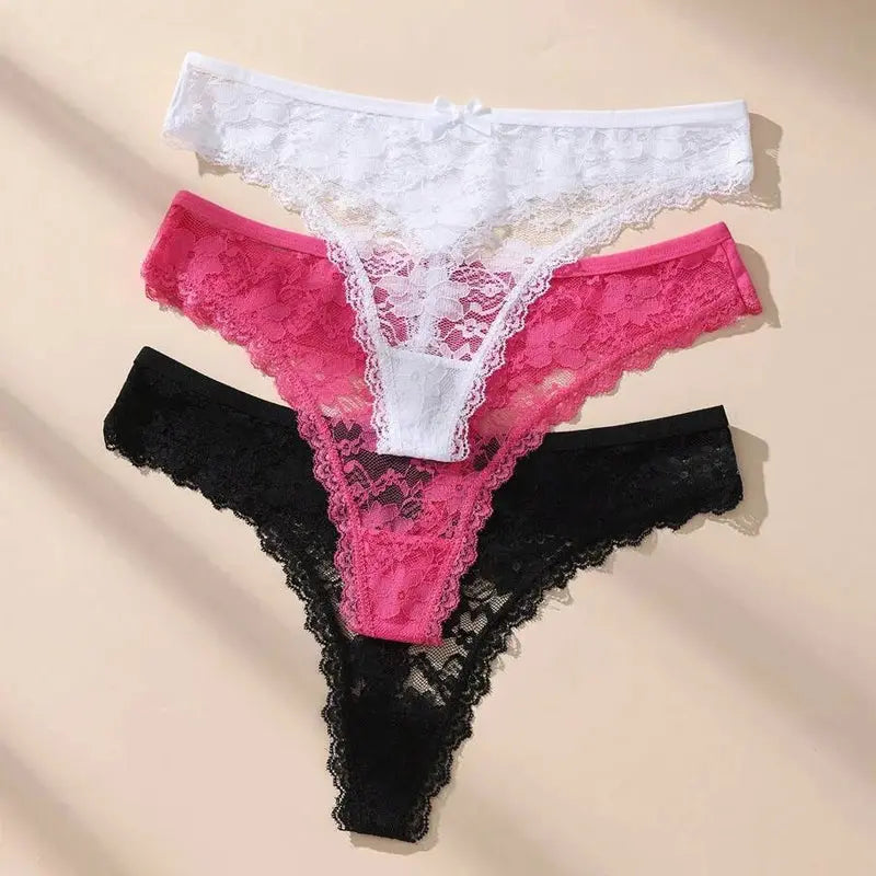 3Pcs Sexy Lace Women Thongs Transparent Women Panties Sexy Underwear Solid Floral G-String Size XS-XL Female Underpants Lingerie luxecrown.co.uk