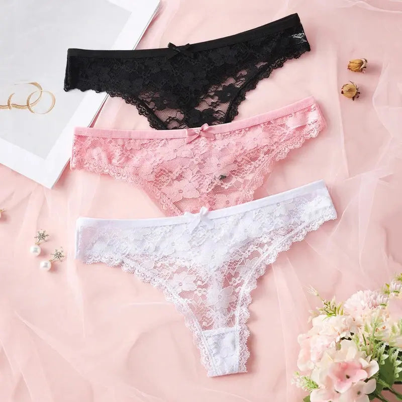 3Pcs Sexy Lace Women Thongs Transparent Women Panties Sexy Underwear Solid Floral G-String Size XS-XL Female Underpants Lingerie luxecrown.co.uk