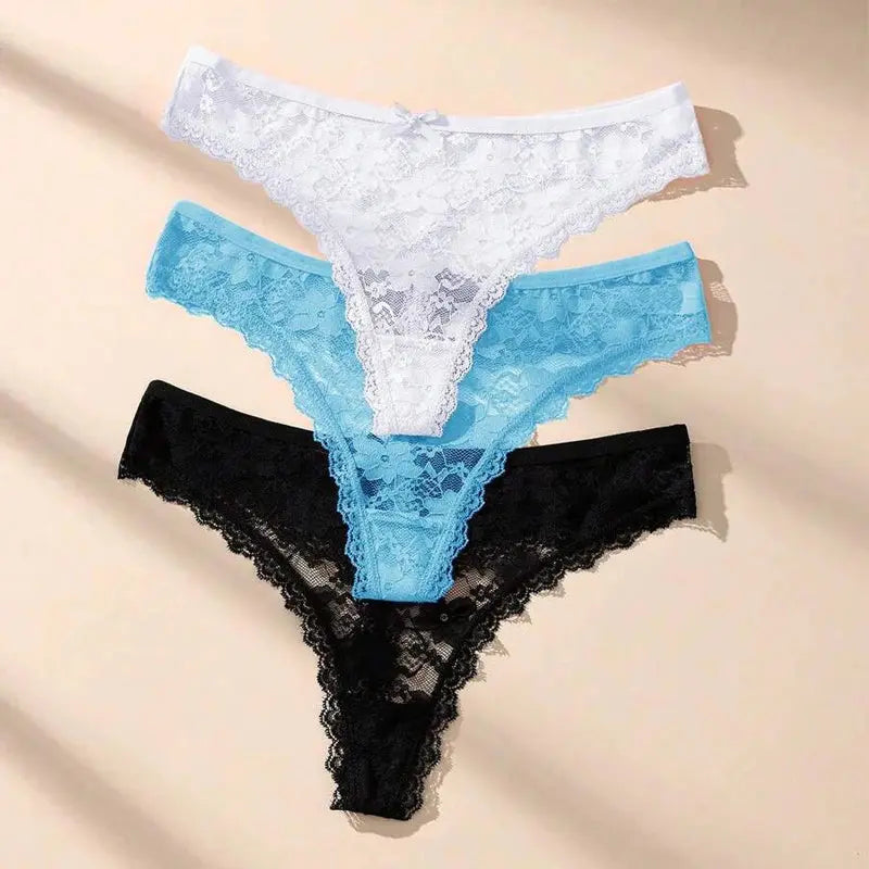 3Pcs Sexy Lace Women Thongs Transparent Women Panties Sexy Underwear Solid Floral G-String Size XS-XL Female Underpants Lingerie luxecrown.co.uk