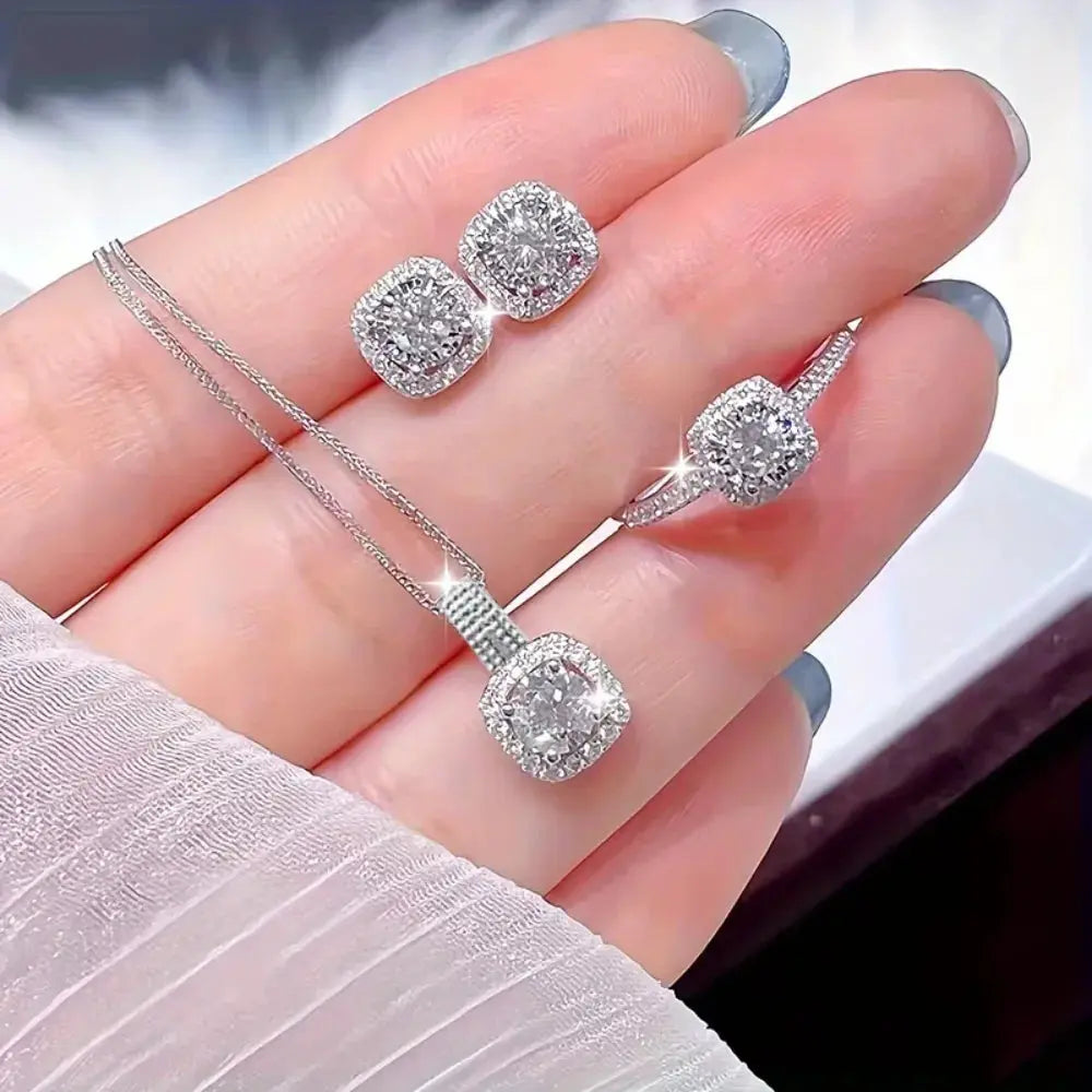 3pcs Set Luxury Brand Shiny Geometric Square Zircon Necklace Earring Rings for Women Charm Fashion Jewelry Set Anniversary Gift Streetsharks
