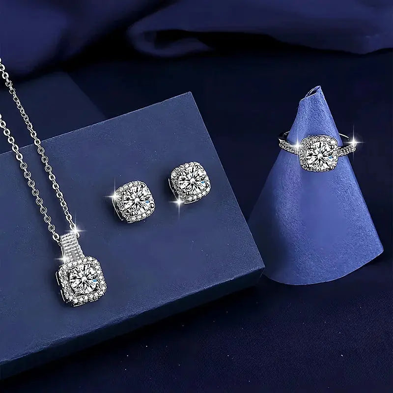 3pcs Set Luxury Brand Shiny Geometric Square Zircon Necklace Earring Rings for Women Charm Fashion Jewelry Set Anniversary Gift Streetsharks