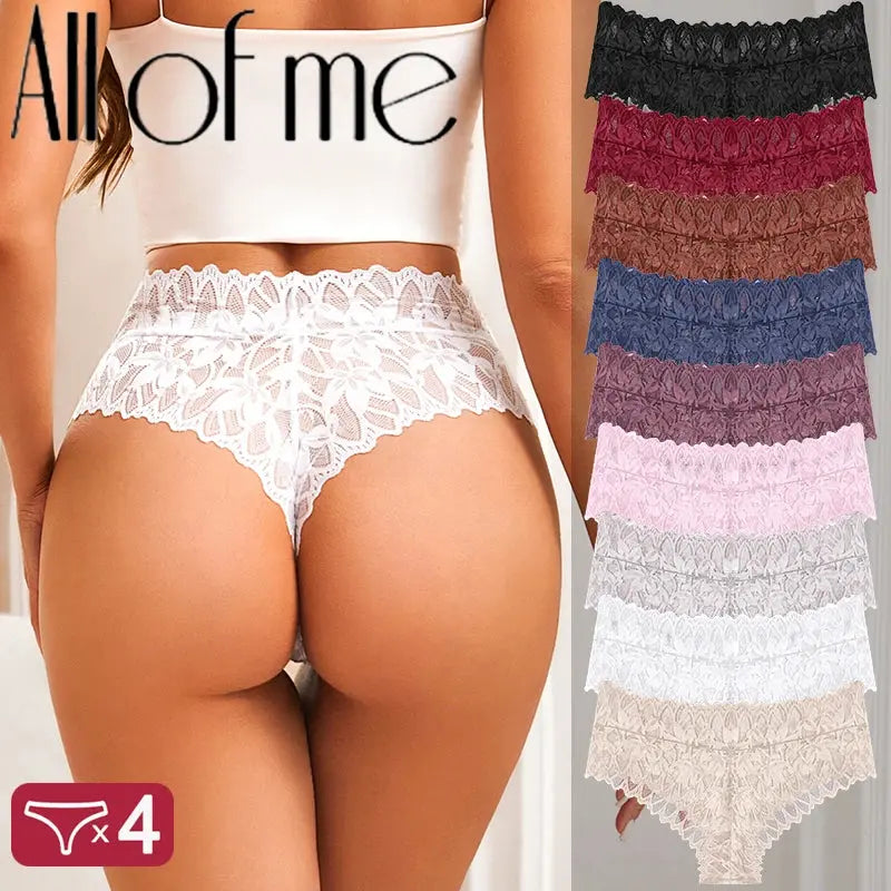 4PCS Women Floral Lace Panties Sexy Perspective G-String High Waist Solid Color Underpants Female Breathable Intimates Lingerie luxecrown.co.uk