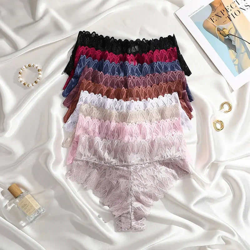 4PCS Women Floral Lace Panties Sexy Perspective G-String High Waist Solid Color Underpants Female Breathable Intimates Lingerie luxecrown.co.uk