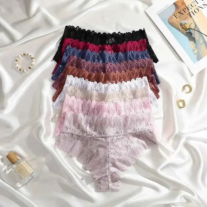 4PCS Women Floral Lace Panties Sexy Perspective G-String High Waist Solid Color Underpants Female Breathable Intimates Lingerie