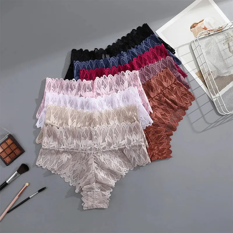 4PCS Women Floral Lace Panties Sexy Perspective G-String High Waist Solid Color Underpants Female Breathable Intimates Lingerie luxecrown.co.uk