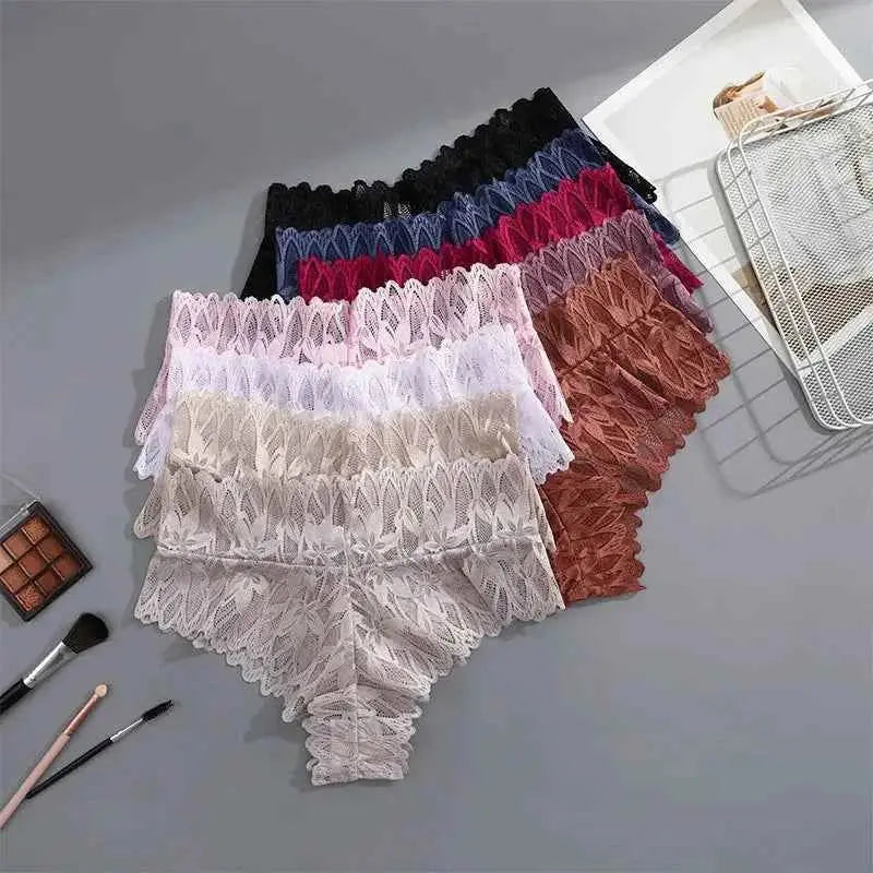 4PCS Women Floral Lace Panties Sexy Perspective G-String High Waist Solid Color Underpants Female Breathable Intimates Lingerie
