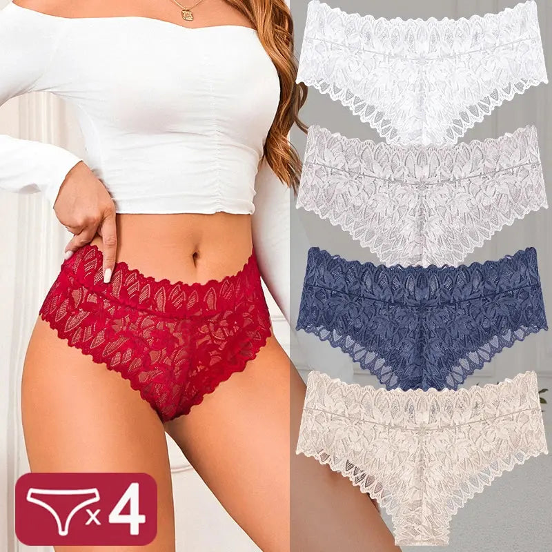4PCS Women Floral Lace Panties Sexy Perspective G-String High Waist Solid Color Underpants Female Breathable Intimates Lingerie luxecrown.co.uk