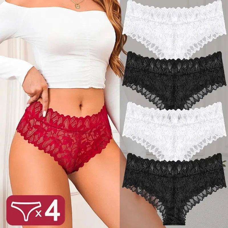 4PCS Women Floral Lace Panties Sexy Perspective G-String High Waist Solid Color Underpants Female Breathable Intimates Lingerie luxecrown.co.uk