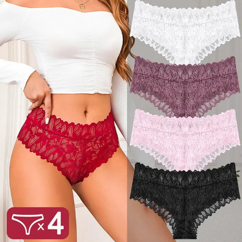 4PCS Women Floral Lace Panties Sexy Perspective G-String High Waist Solid Color Underpants Female Breathable Intimates Lingerie luxecrown.co.uk