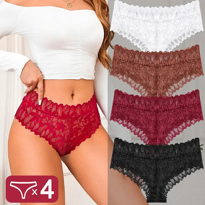 4PCS Women Floral Lace Panties Sexy Perspective G-String High Waist Solid Color Underpants Female Breathable Intimates Lingerie luxecrown.co.uk
