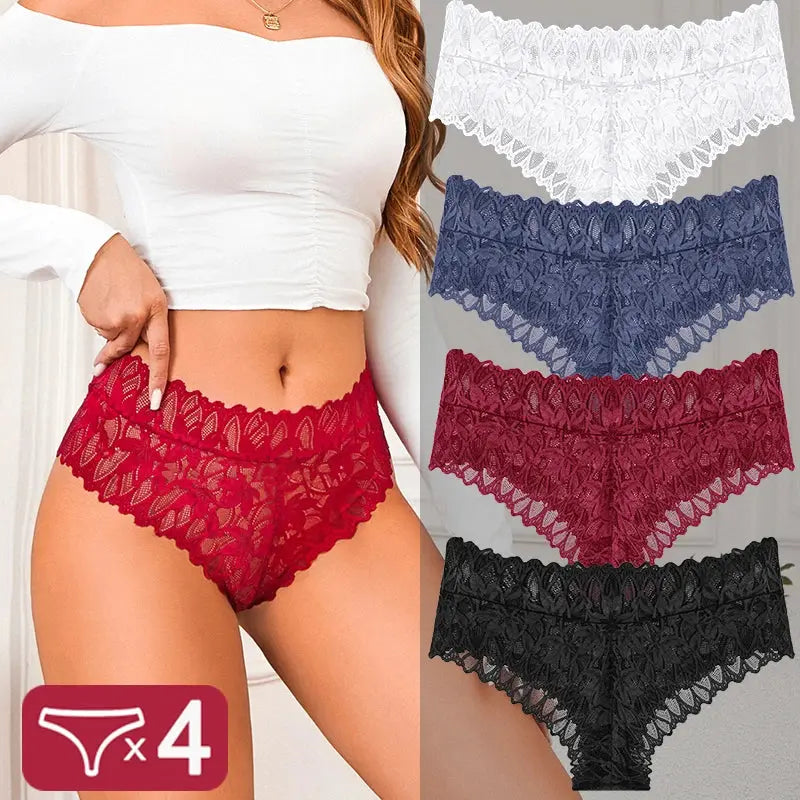 4PCS Women Floral Lace Panties Sexy Perspective G-String High Waist Solid Color Underpants Female Breathable Intimates Lingerie luxecrown.co.uk