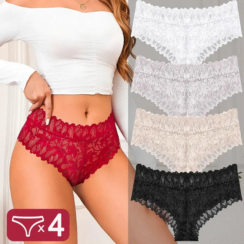 4PCS Women Floral Lace Panties Sexy Perspective G-String High Waist Solid Color Underpants Female Breathable Intimates Lingerie luxecrown.co.uk