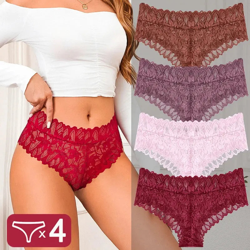 4PCS Women Floral Lace Panties Sexy Perspective G-String High Waist Solid Color Underpants Female Breathable Intimates Lingerie luxecrown.co.uk