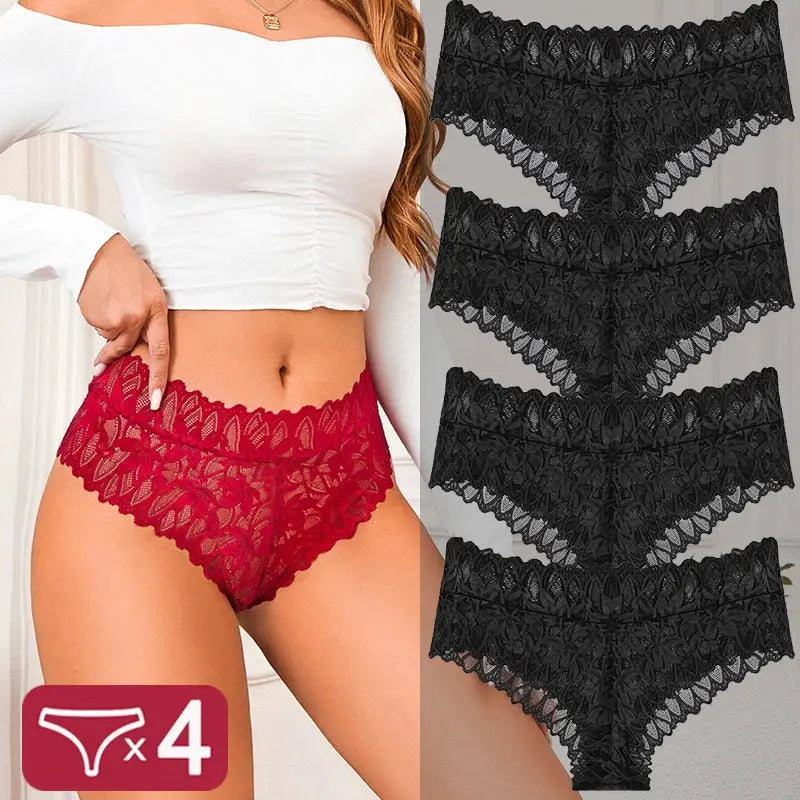 4PCS Women Floral Lace Panties Sexy Perspective G-String High Waist Solid Color Underpants Female Breathable Intimates Lingerie luxecrown.co.uk