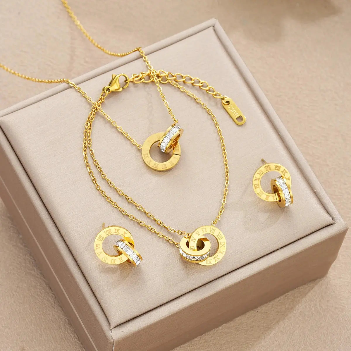 4Pcs/Set Gold Color Stainless Steel Crystal Necklace Bracelet Earrings for Women Interlocking Circles Roman Numbers Jewelry Sets Streetsharks