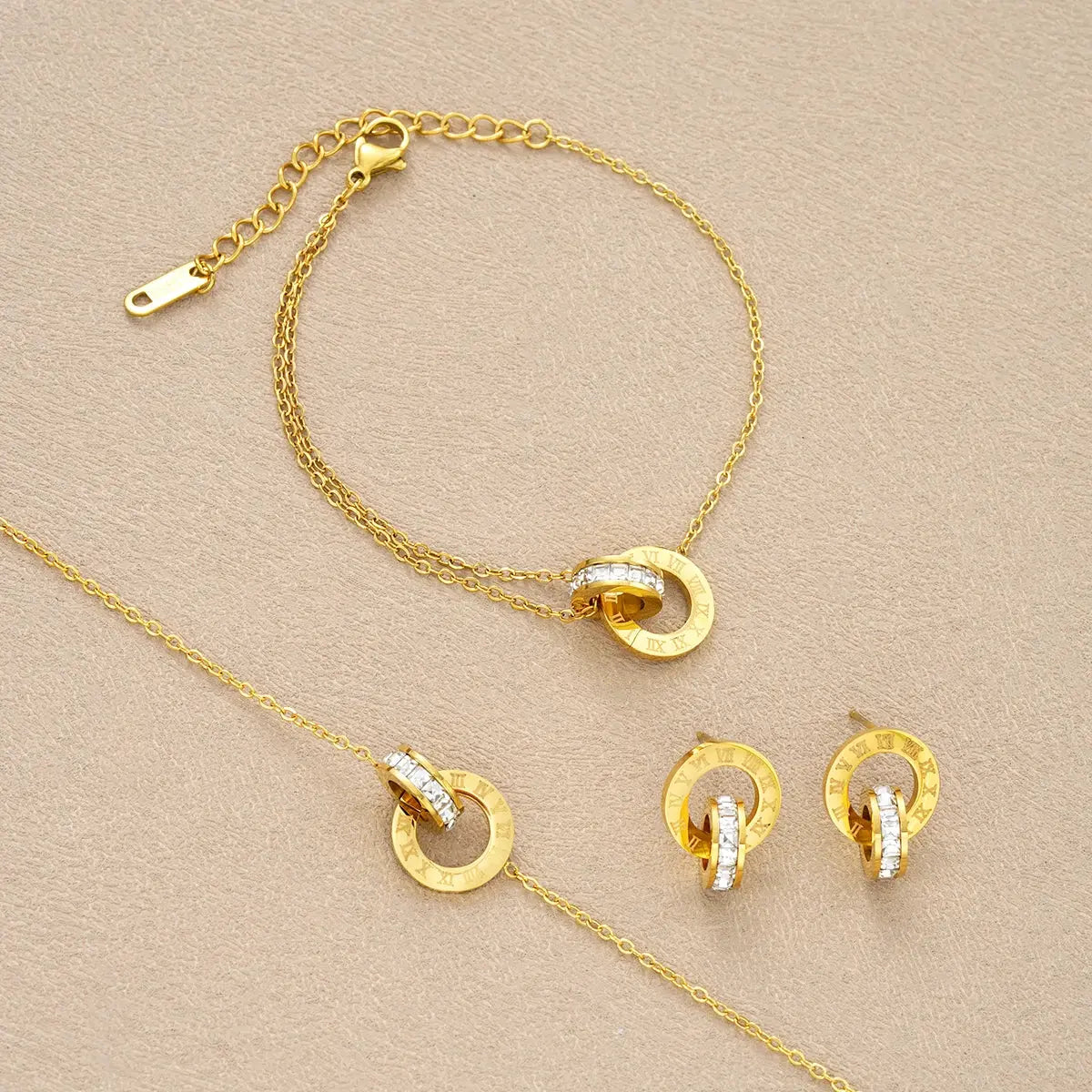 4Pcs/Set Gold Color Stainless Steel Crystal Necklace Bracelet Earrings for Women Interlocking Circles Roman Numbers Jewelry Sets Streetsharks