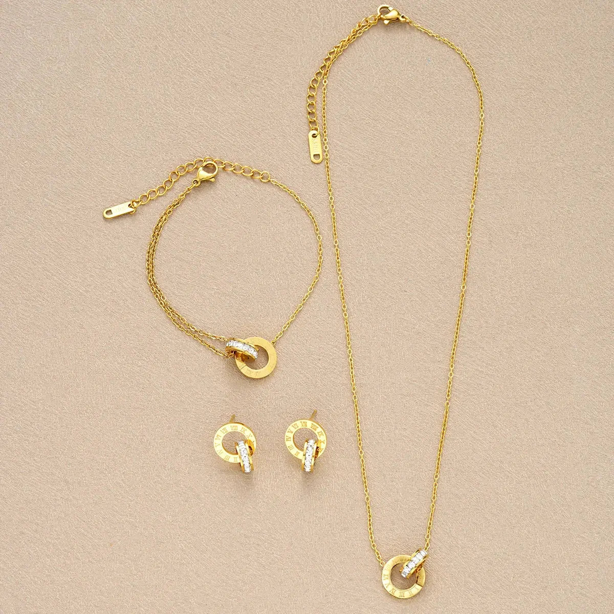 4Pcs/Set Gold Color Stainless Steel Crystal Necklace Bracelet Earrings for Women Interlocking Circles Roman Numbers Jewelry Sets Streetsharks