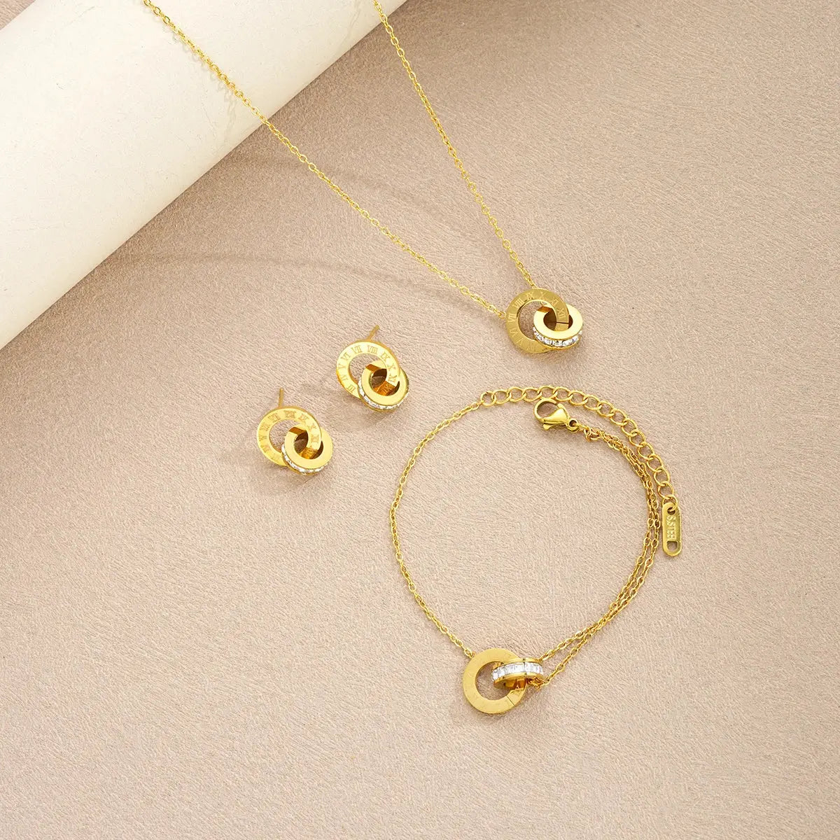 4Pcs/Set Gold Color Stainless Steel Crystal Necklace Bracelet Earrings for Women Interlocking Circles Roman Numbers Jewelry Sets Streetsharks