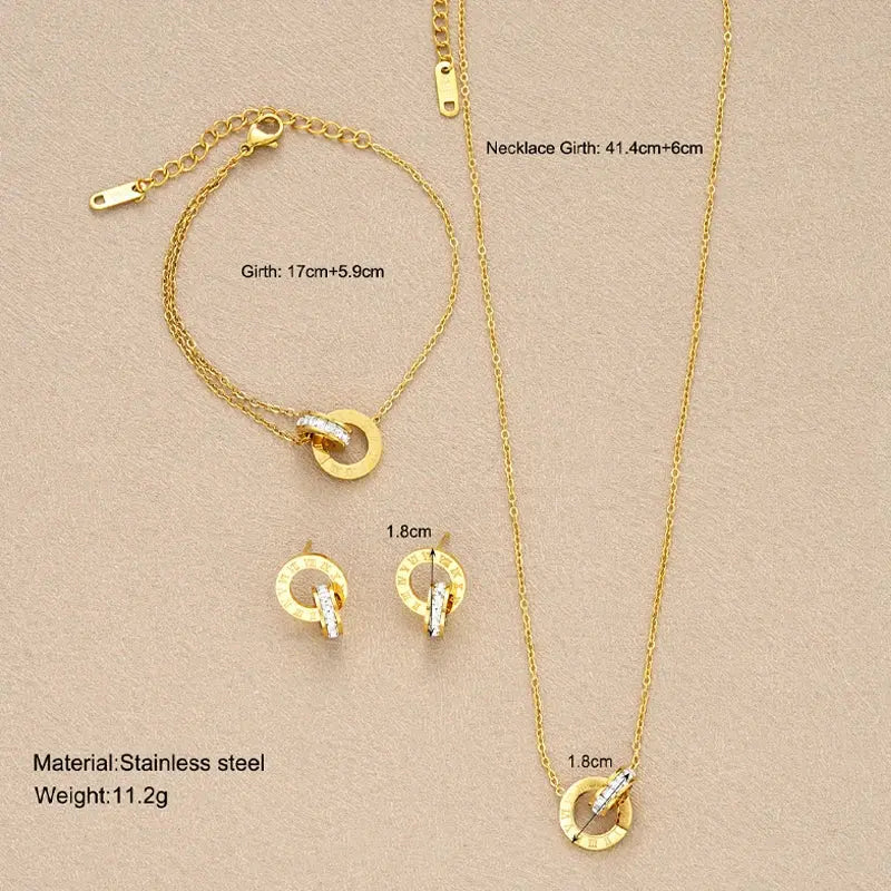 4Pcs/Set Gold Color Stainless Steel Crystal Necklace Bracelet Earrings for Women Interlocking Circles Roman Numbers Jewelry Sets Streetsharks