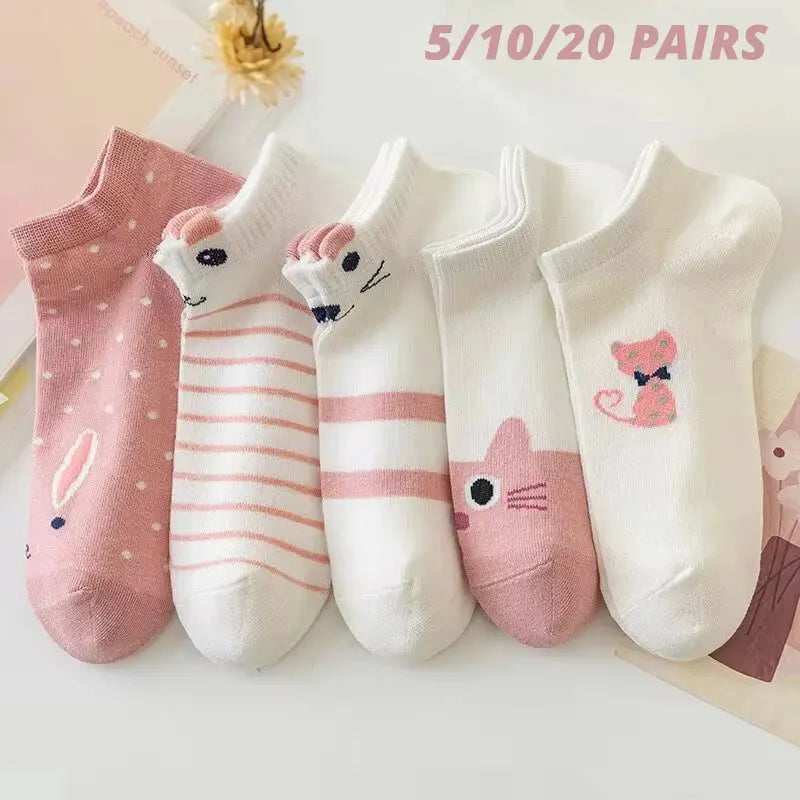 5/10/20 Pairs Women's Short Tube Socks Pink Cat Thin Four Seasons Cute Boat Sockslow Top Ins Trendy Socks luxecrown.co.uk