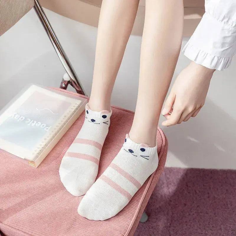 5/10/20 Pairs Women's Short Tube Socks Pink Cat Thin Four Seasons Cute Boat Sockslow Top Ins Trendy Socks luxecrown.co.uk
