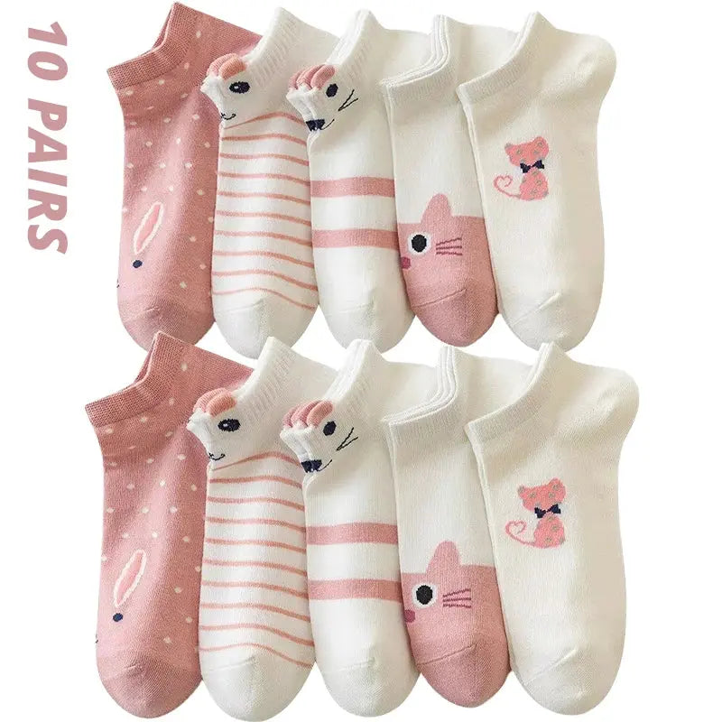 5/10/20 Pairs Women's Short Tube Socks Pink Cat Thin Four Seasons Cute Boat Sockslow Top Ins Trendy Socks luxecrown.co.uk