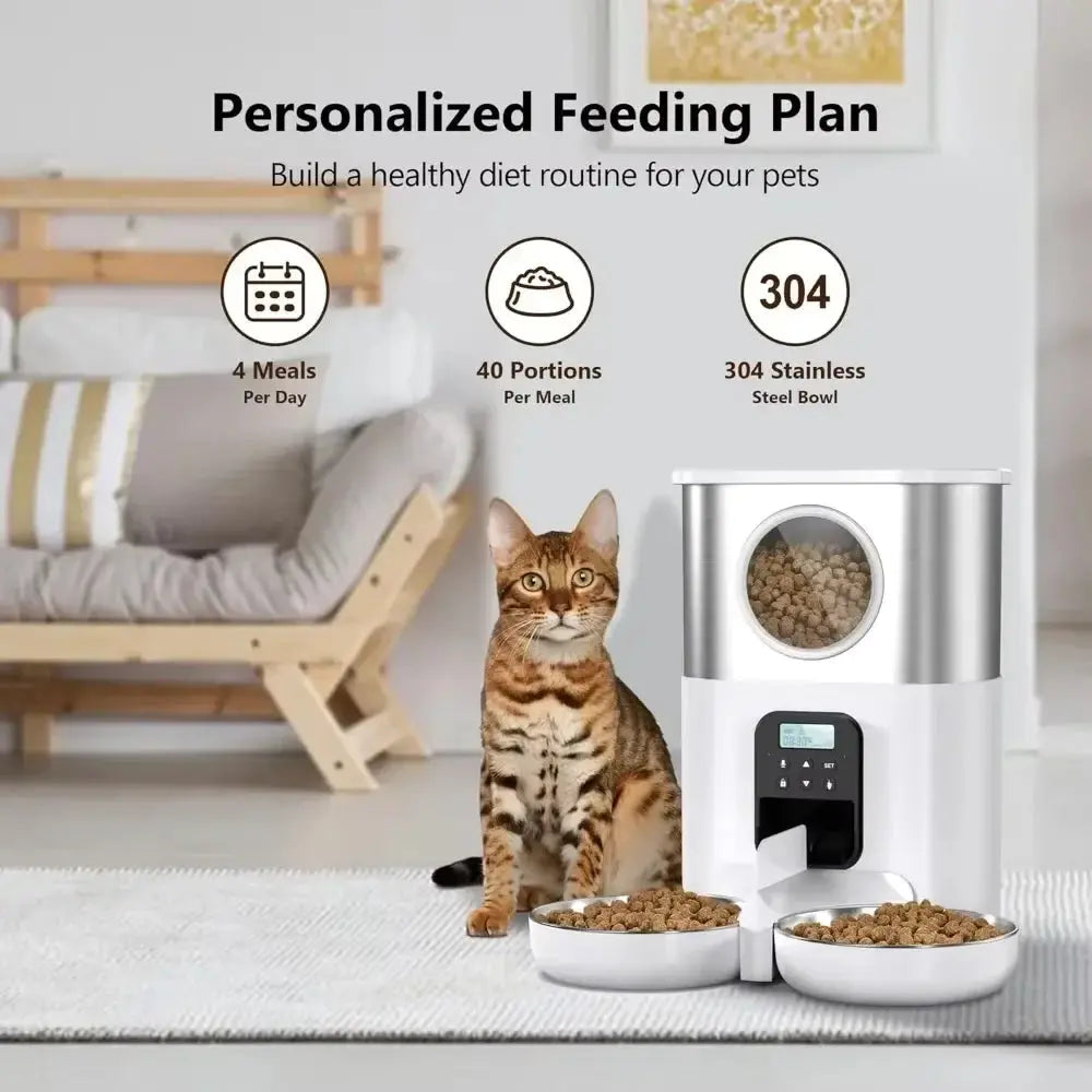 5L Large Capacity Automatic Cat Feeder For 2 Cat & Dog Timer Pet Feeder With Stainless Steel Bowl Pet Dry Food Auto Dispenser luxecrown.co.uk