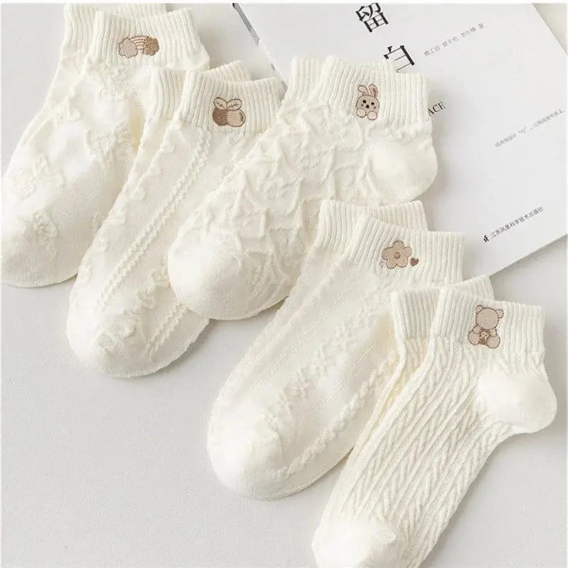 5pairs Women Socks Spring Summer Cute Bear Rabbit Rainbow Print Ankle Socks Casual Short Socks luxecrown.co.uk